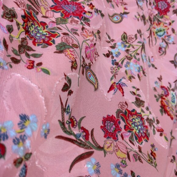 Loft Blouse Shirt XXS Petite Pink Floral Long Balloon Sleeve Semi Sheer Textured - Picture 8 of 11